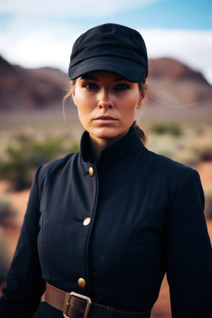 a woman wearing a black hat and black coatの素材