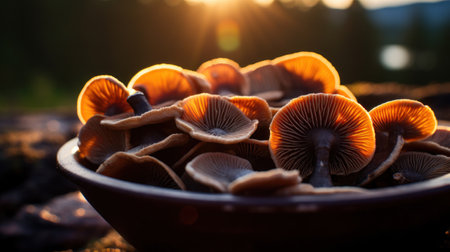 a bowl of mushrooms with the sun shining throughの素材