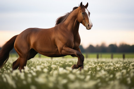 a horse running in a field of flowersの素材