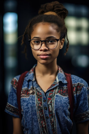 a woman wearing glasses and a blue shirtの素材