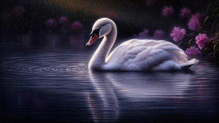 a white swan swimming in waterの素材