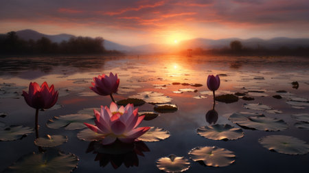 a pink flowers on water with lily pads in the foregroundの素材