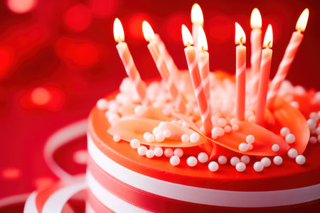 a red and white striped cake with lit candlesの素材