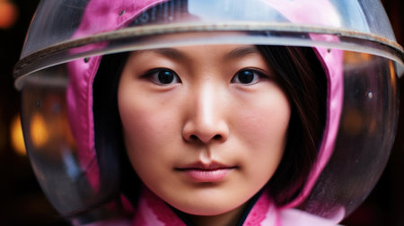 a woman wearing a pink hoodie and a clear plastic hatの素材