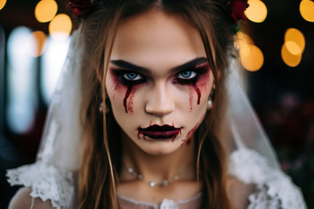 a woman with blood on her faceの素材