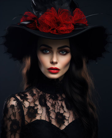 a woman wearing a black hat with red flowersの素材