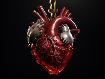 a red and silver heart with metal arms attached to itの素材