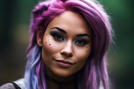 a woman with purple hair and black dots on her faceの素材