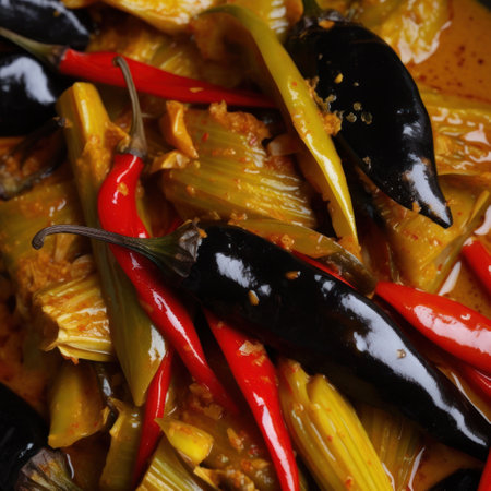 a bowl of food with chili peppersの素材