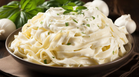 a bowl of pasta with white sauce and basilの素材