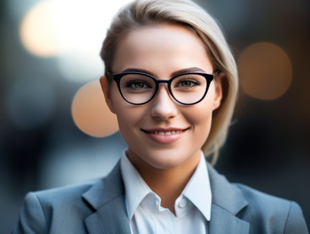 a woman wearing glasses and a suitの素材