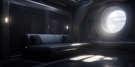a room with a couch and a round windowの素材