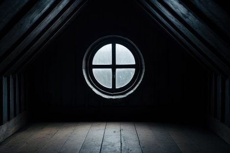 a round window in a dark roomの素材