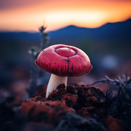 a red mushroom growing out of dirtの素材