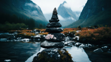 a stack of rocks in front of a riverの素材