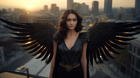 a woman in a black dress with black wingsの素材