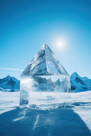 a clear ice pyramid in snowの素材