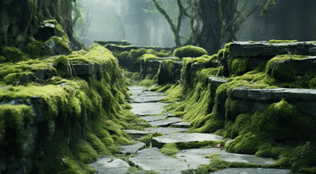 a stone path with moss growing on rocksの素材