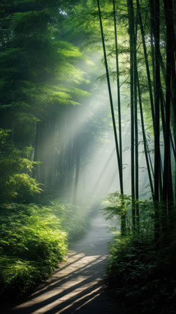 a path through a forest with trees and sunlightの素材