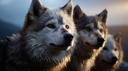 a close up of two wolvesの素材