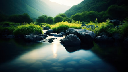 a river with rocks and bushesの素材