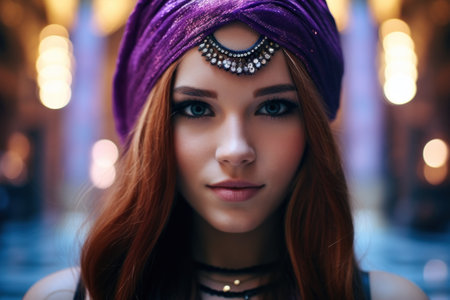 a woman with a purple head wrapの素材