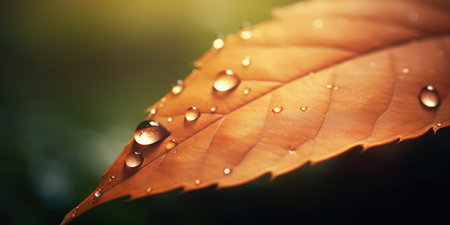 a close up of a leaf with water dropletsの素材