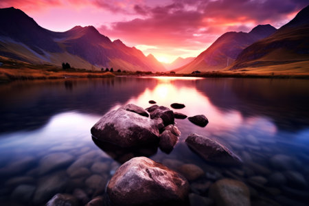 a lake with rocks and mountains in the backgroundの素材
