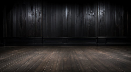 a dark room with wood walls and a wooden floorの素材
