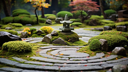 a small stone statue on a rock in a gardenの素材
