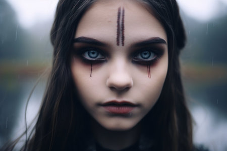 a woman with black makeup and red lines on her faceの素材