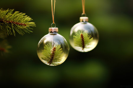 a pair of ornaments with a pine tree branch insideの素材