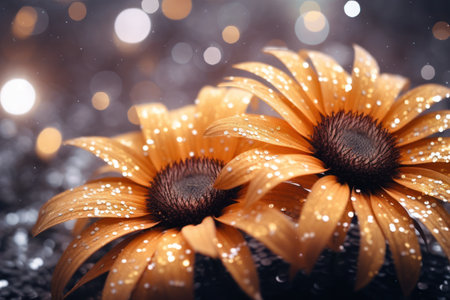 two yellow flowers with water droplets on themの素材