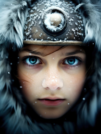 a close up of a woman wearing a hat with snow on her faceの素材