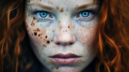 a close up of a woman with freckles and blue eyesの素材