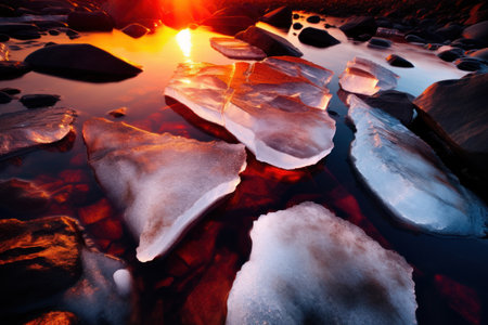 ice in the water with the sun setting behind itの素材