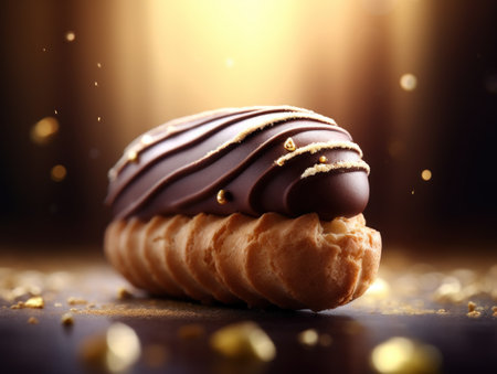 a chocolate covered eclair on a tableの素材