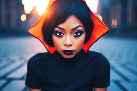 a woman with black hair and red hoodの素材