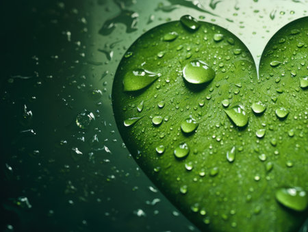a heart shaped leaf with water dropsの素材