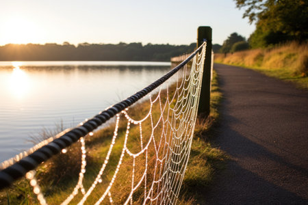 a spider web on a fence by a body of waterの素材
