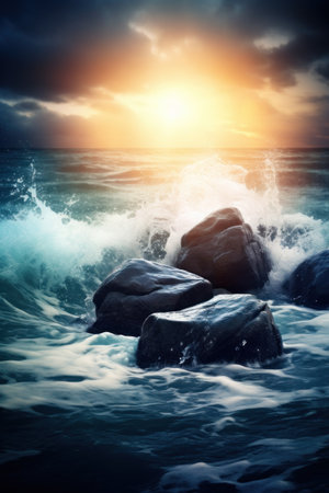 a waves crashing into rocksの素材