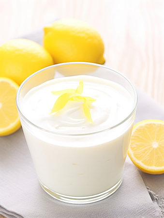 a glass of yogurt with lemonsの素材