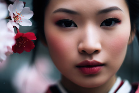 a woman with makeup and red lipstickの素材
