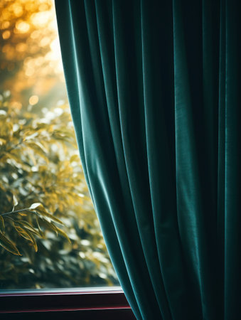 a green curtain with a plant in the backgroundの素材