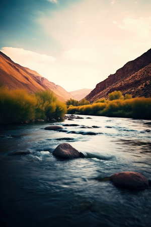 a river flowing through a valleyの素材