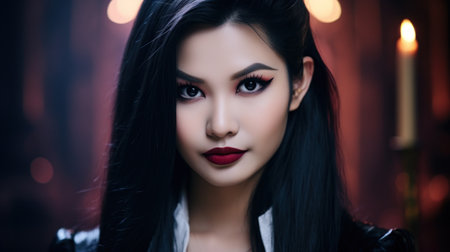 a woman with long black hair and red lipstickの素材
