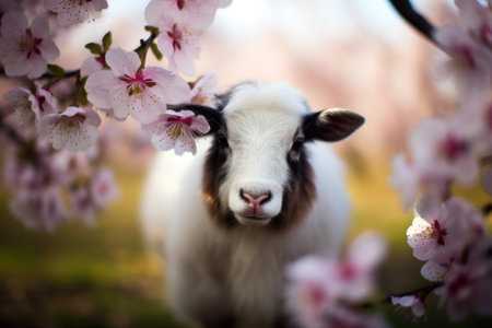 a goat standing next to a flowering treeの素材