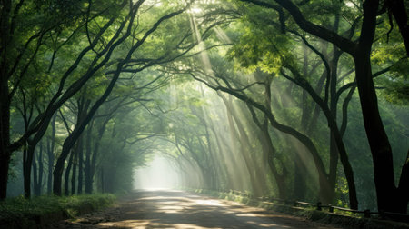 a road with trees and sun raysの素材