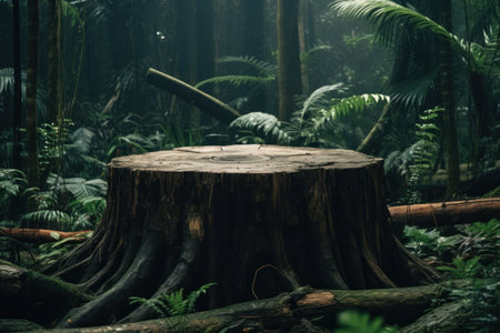 a tree stump in the middle of a forestの素材