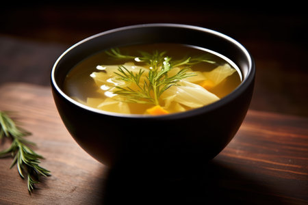 a bowl of soup with a sprig of greensの素材